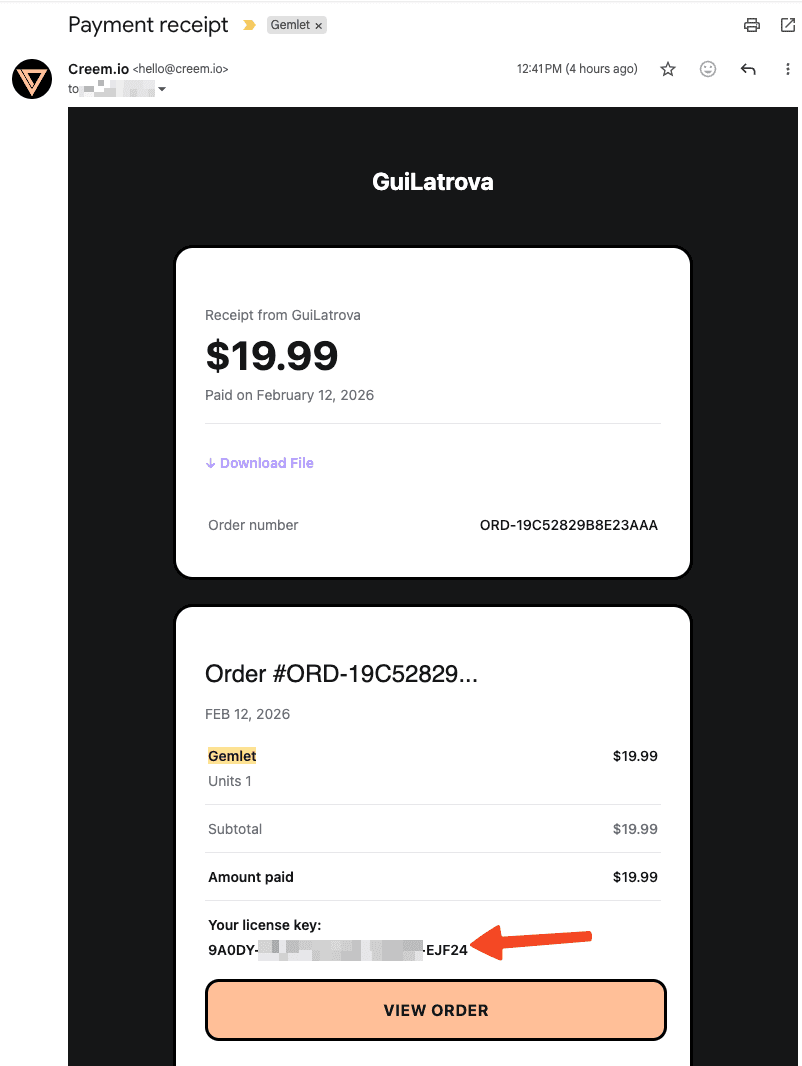 Creem.io email with license key